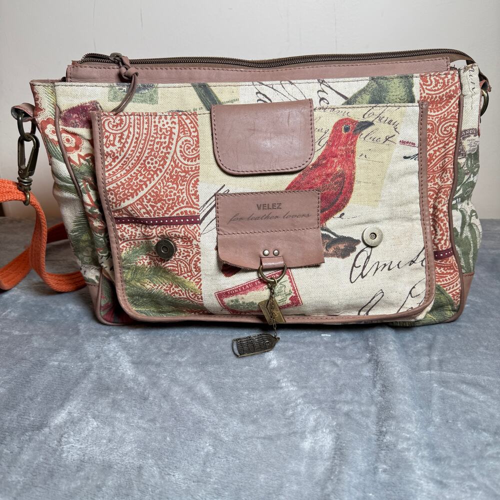 Velez Bird Print Canvas & Leather Messenger Crossbody Satchel Bag